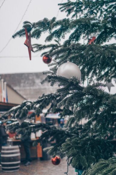 a christmas tree with ornaments hanging from it